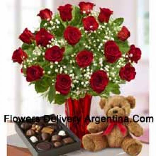 25 Roses avec Chocolats Importés et Teddy