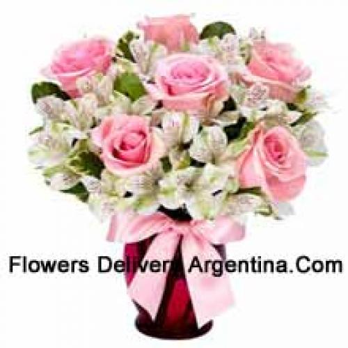 Beautiful Pink Roses and White Alstroemeria