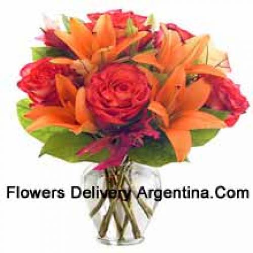 Orange Lilies and Orange Roses in Vase