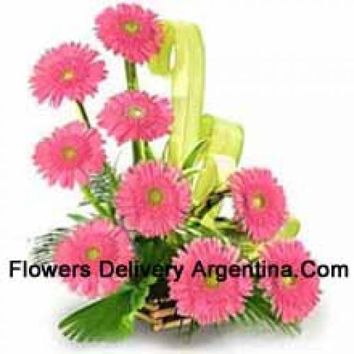 Basket Containing 9 Pink Gerberas