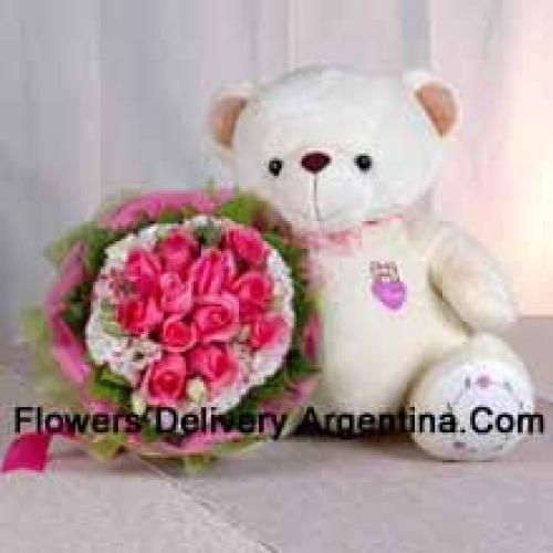 11 Pink Roses with Sweet Lovely Teddy