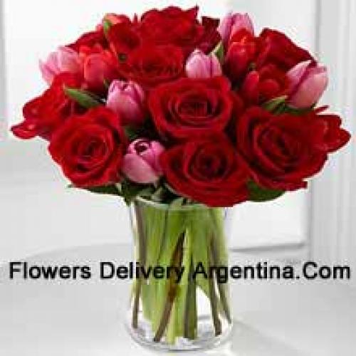 11 Roses and 6 Cute Tulips in Vase