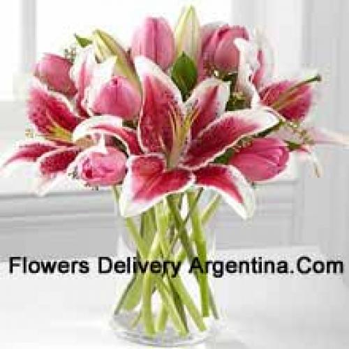 Pink Lilies and Tulips in Vase