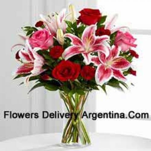 Roses with Pink Lilies in Vase